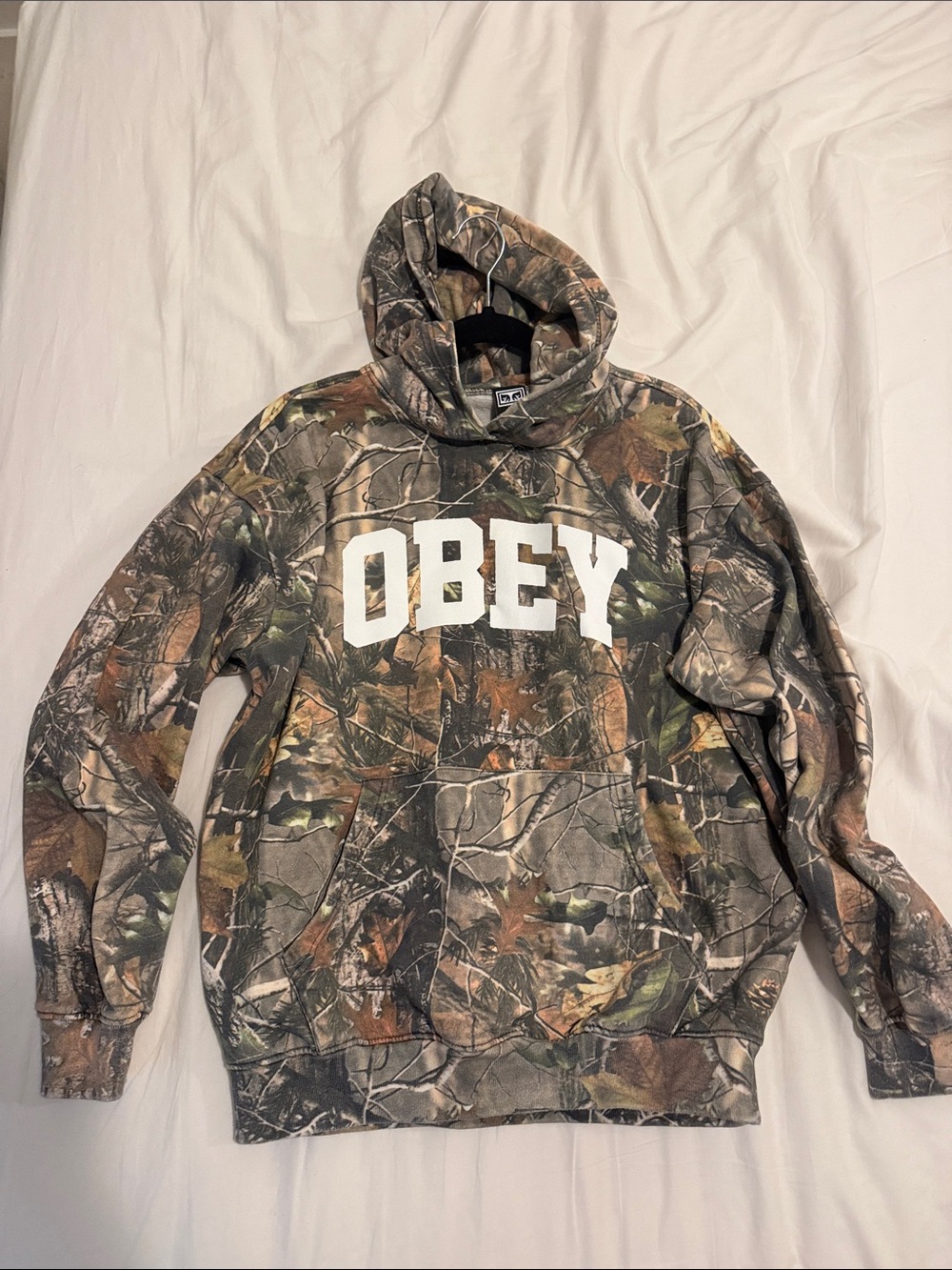 Obey Camo Pullover Hoodie in Green and Brown with White Logo